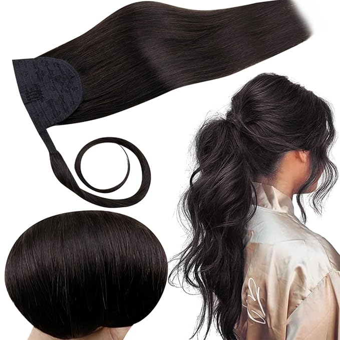 RUNATURE Ponytail Extension Human Hair, 14 Inch 70g Real Human Hair Ponytail, Striaght Natural Hairpiece with Wrap Around Magic Paste, Daily Wear, Easy to Install, #1B Off Black #1B Off Black