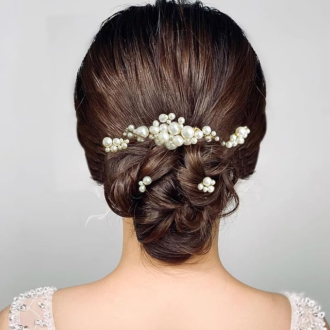 Pearl Hair Combs and Hair Pins for Bridal Women, Decorative Hair Accessories for Wedding Prom, Set of 5 (Gold)