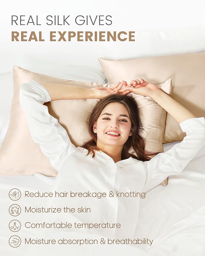 THXSILK Set of 2 100% Mulberry Silk Pillowcase for Hair and Skin, Grade 6A+ Mulberry Silk Pillow Cases Ultra-Soft, Hypoallergenic Pillow Case Cover with Zipper (California King 20"x40", Beige)