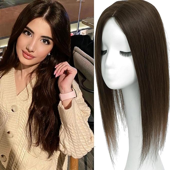 Hair Toppers for Women Real Human Hair, 360°3D Topper for Women with Thinning Crown Wispy Clip in Bangs Breathable Hand Tied Craft Big Coverage Hairpieces(Mocha（Big Coverage）, 16 Inch-3D-Side)