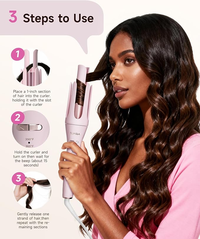 3 in 1 Automatic Curling Iron with Interchangeable 1'' Barrel, Hair Crimper, Straightening Brush, Rotating Ceramic Curling Iron with 3 Temp, 2-Way Rotation, 10S Fast Heating, Dual Voltage
