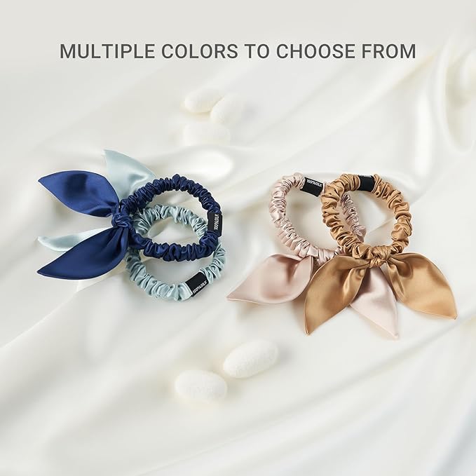 THXSILK Hair Silk Scrunchies with Bow for Women Pure Mulberry Silk Hair Cute Ring Ties Scrunchies for Girls Women's Thick Hair, Black, 2.8"