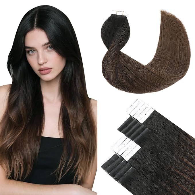 SURNEL Tape in Hair Extensions Ombre Color 1B Off Black Fading To 4 Middle Brown Tape in Human Hair Extensions 18 inch 20pcs 50g(#1BT4-18)