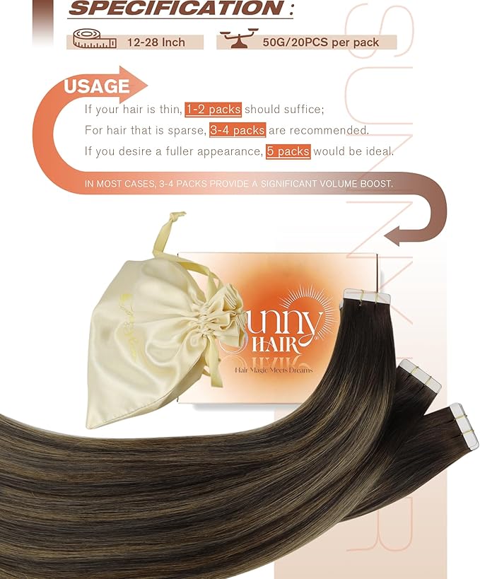Sunny Hair Brown Tape in Hair Extensions 12 Inch Remy Tape in Extensions Human Hair Balayage Brown Tape ins Human Hair Extensions 20Pcs 30g