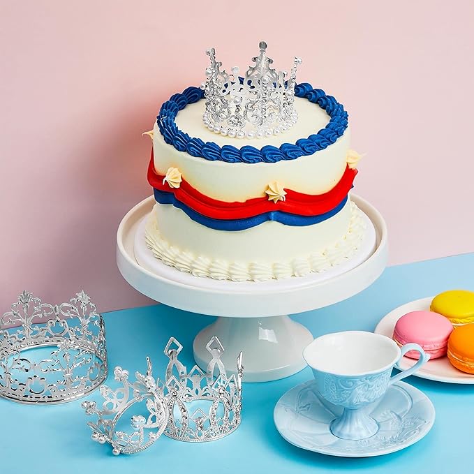 Ferraycle 4 Pieces Silver Crown Cake Topper Birthday Mini Flower Bouquet Crown Cupcake Toppers Crystal Pearl Tiara Wedding Cake Top Hair Ornament for Doll Flower Arrangements Wedding