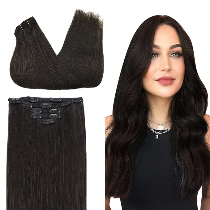 DOORES Human Hair Extensions Clip in, 5pcs 85g Dark Brown 22 Inch Clip in Hair Extensions Natural Remy Hair Extensions