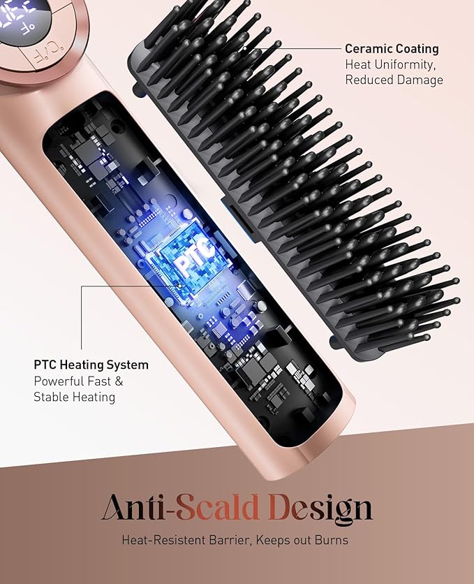 Hair Straightener Brush: Ionic Hair Straighteners for Women with 15 Temps, Straightening Brush Fast Heating with LED Display & Dual Voltage, Gold