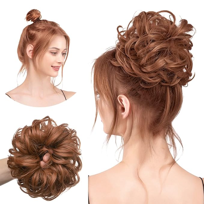CJL HAIR Large Messy Bun Hair Piece Wavy Curly Scrunchies Synthetic Chignon Ponytail Hair Extensions Thick Updo Hairpieces for Women Light Auburn