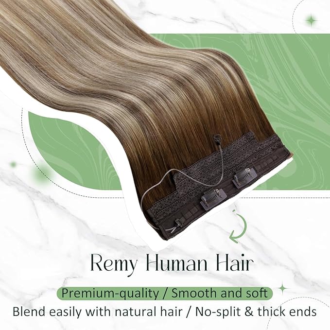 RUNATURE Brown Ombre Blonde Wire Hair Extensions Real Human Hair, Invisible Wire Hair Extensions Remy Straight Hair，One Piece 14 Inch 70g #3/8/22 Walnut Brown to Light Brown with Light Blonde