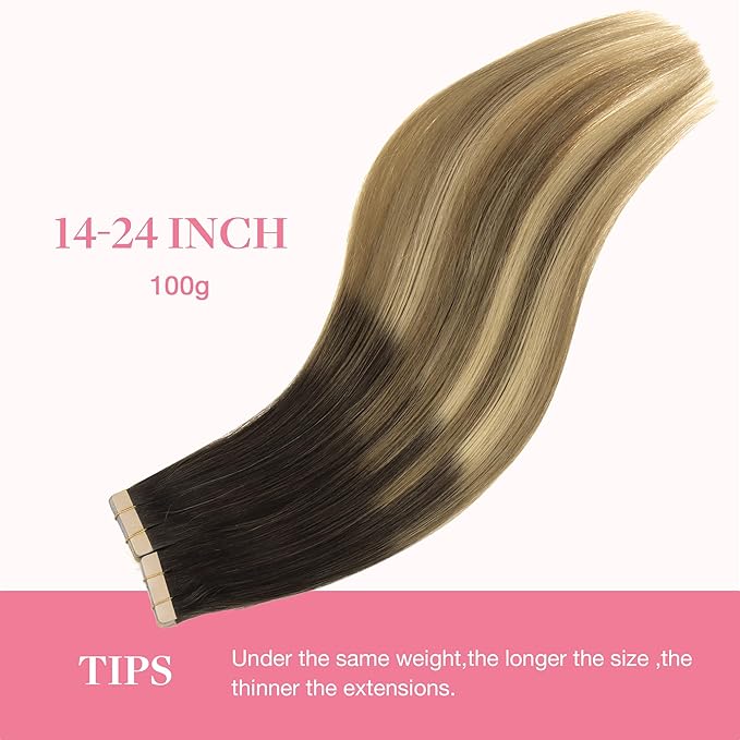 GOO GOO Tape in Hair Extensions Human Hair, 2/6/18 Balayage Brown to Dirty Blonde, 18inch 100g 40pcs, Skin Weft Seamless Invisible, Silky Straight with Thick Ends, Remy Human Hair
