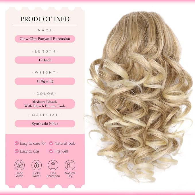 12 Inch Ponytail Extension - Soft Wavy Pony Tails Hair Extensions, Claw Clip Ponytail Extension, Synthetic Hair Extensions Ponytail, Clip in Ponytail (Color: Medium Blonde With Bleach Blonde Ends)