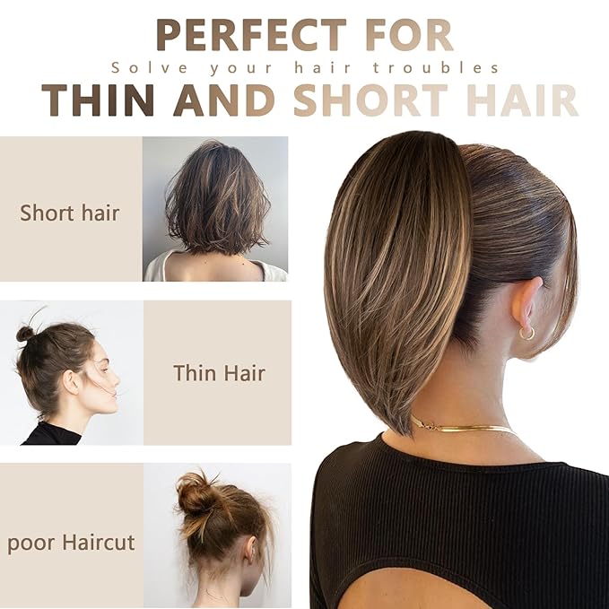 Clip on Ponytails for Women - 10 Inch Short Ponytail Extension, Straight Pony Tails Hair Extensions, Synthetic Hair Extensions Ponytail, Clip in Ponytail (Color: Red Brown Mixed Golden)