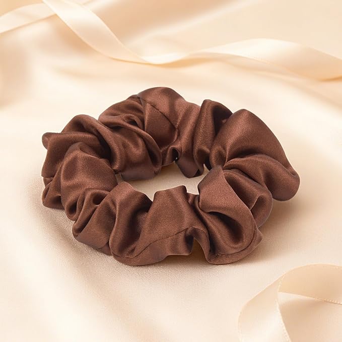 3 Pcs Silk Hair Ties, 22 Momme 100% Mulberry Hair Band, Silk Scrunchies for Women and Girls, 6A Grade No Damage Ponytail Holders (1.2in Width, Brown)