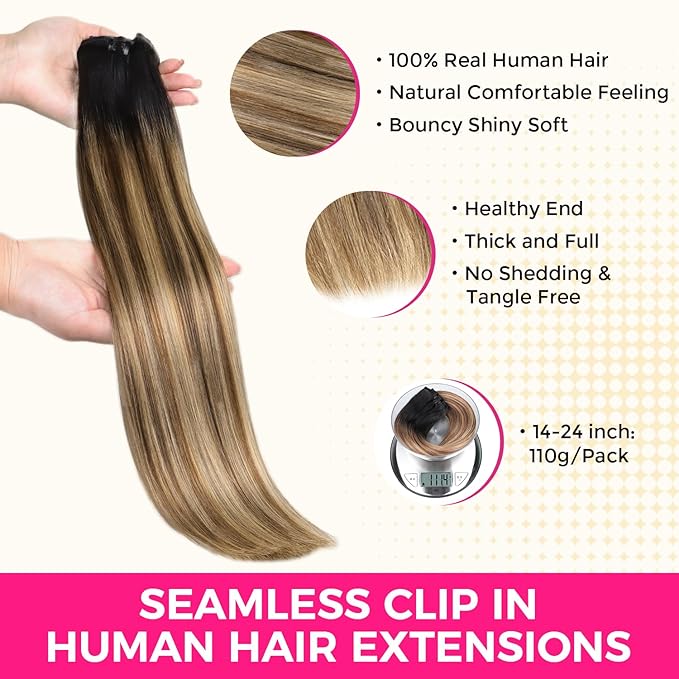 Lashey PU Clip in Hair Extensions Straight 110g 7pcs Seamless Clip in Human Hair 18 Inch Balayage Ash Brown to Honey Blonde with Dark Roots Real Human Hair Extensions Natural Hair for Women