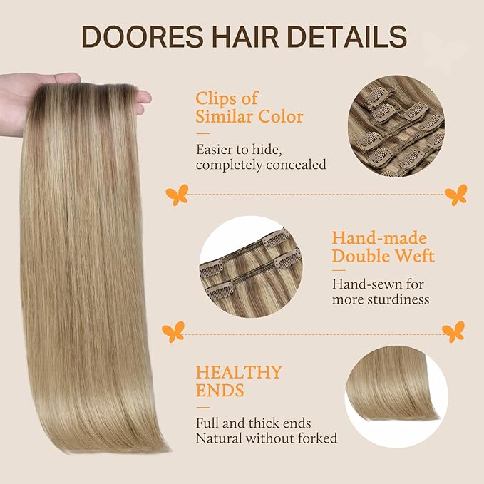 DOORES Clip in Hair Extensions Balayage Medium Copper to Sandy Blonde 120g 7pcs 16 Inch, Real Human Hair Extensions Clip in Straight Natural Remy Weft