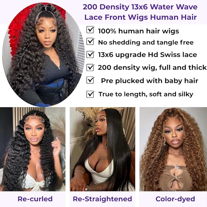 24 Inch Water Wave 13x6 HD Lace Front Wigs Human Hair Pre Plucked 200 Density Deep Part Curly Wig for Women Water Wave Frontal Wigs Human Hair