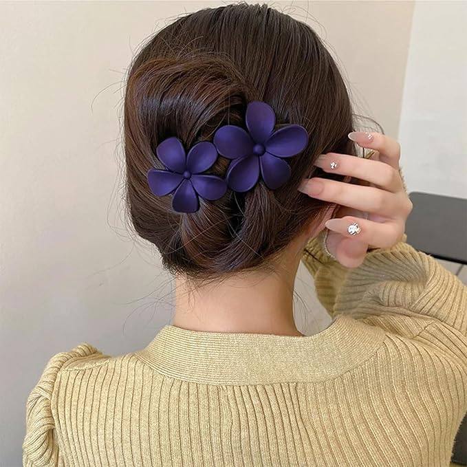 5 Pcs Flower Flat Claw Clips for Women Dark Blue Flat Hair Clips Non-Slip Matte Flat Hair Clips for Thick Hair Spring Claw Clip Cute Floral Hair Clip for Girals