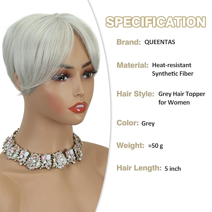 QUEENTAS Grey Hair Toppers for Women with Thinning Hair 360°3D Cover with 5 Clips Short Hair Pieces Wispy Bangs 6"*6" Large Coverage(Gray)
