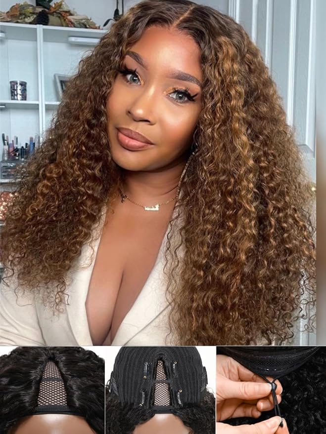 YIROO EasiContour V Part Wigs Ombre Brown Glueless Human Hair Upgrade U Part Wig with Dark Roots Highlight V Shape Clip Wigs Beginner Friendly with Drawstring Ready to Wear Chestnut Brown Color 20Inch