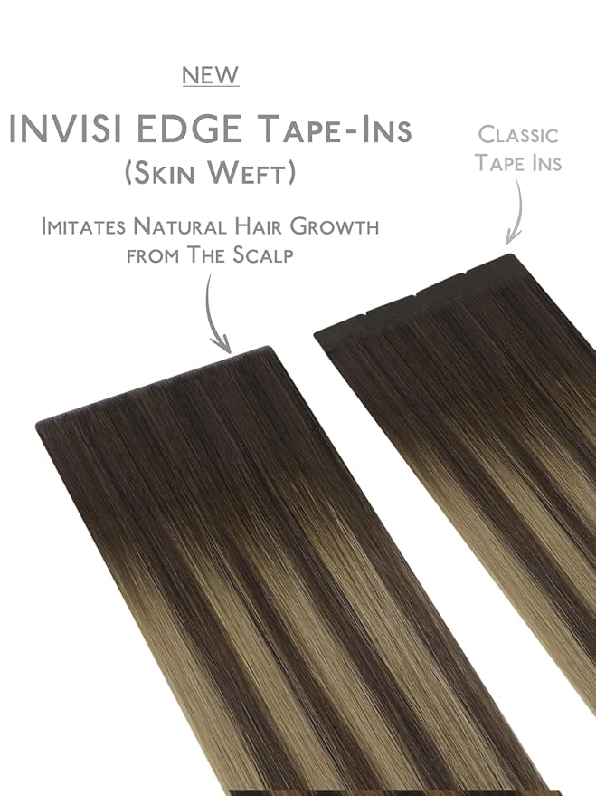 WENNALIFE Invisi Edge 8cm Tape in Hair Extensions Human Hair, 20 Inch 20g 4pcs, Balayage Chocolate Brown to Caramel Blonde Invisible Remy Tape Ins Straight Reusable Extensiones De Cabello Humano