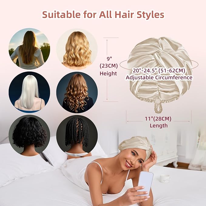 Adjustable Silk Satin Hair Bonnet for Sleeping Women, Double Layer, Silk Hair Wrap for Sleeping Women Men, Curly Natural Braid Straight Unisex - Champagne