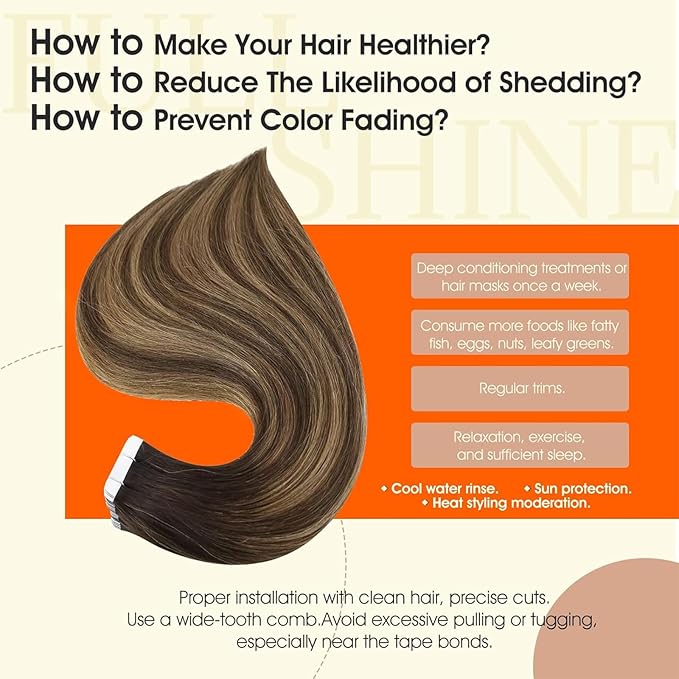 Full Shine Balayage Tape in Hair Extensions Human Hair 14Inch Tape in Extensions 2/3/27 Brown To Caramel Blonde Ombre Seamless Skin Weft Tape ins Human Hair Extensions Straight Extension 50G 20Pcs