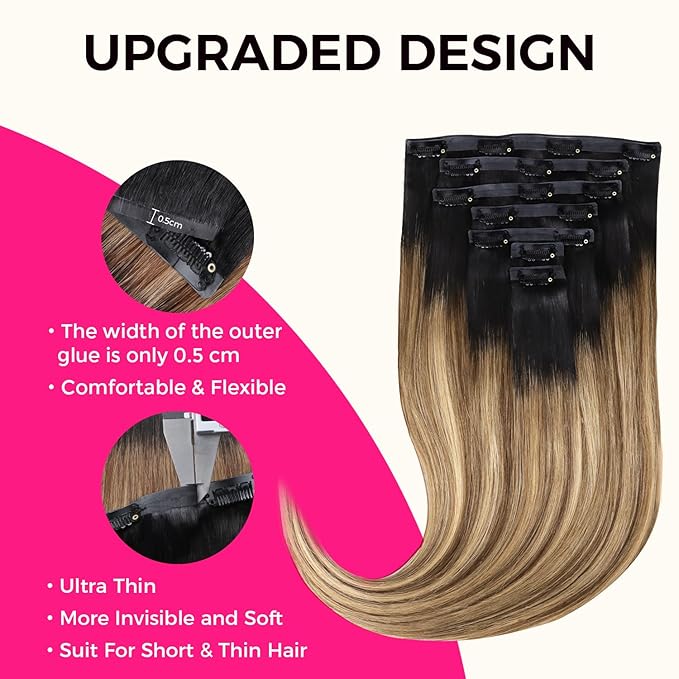 Lashey PU Clip in Hair Extensions Straight 110g 7pcs Seamless Clip in Human Hair 18 Inch Balayage Ash Brown to Honey Blonde with Dark Roots Real Human Hair Extensions Natural Hair for Women