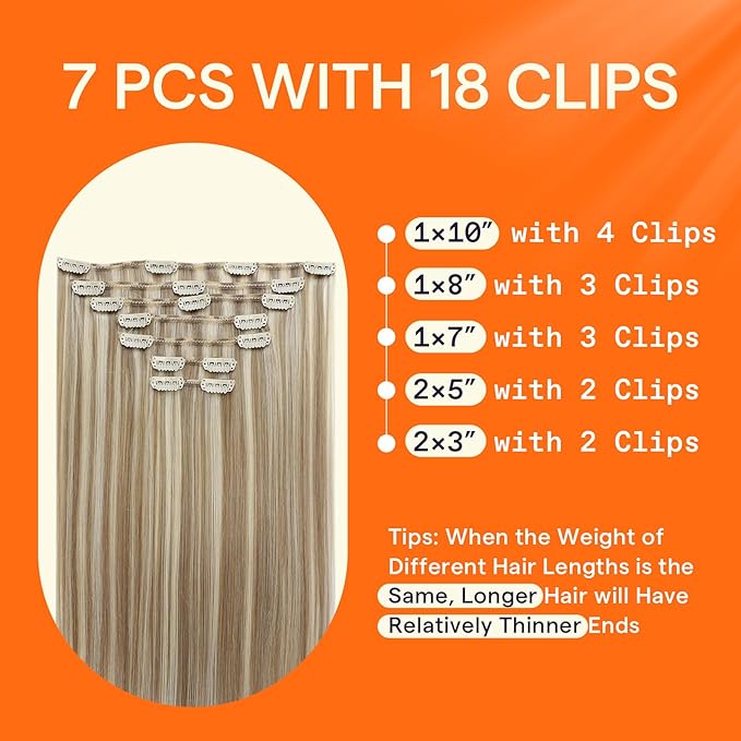 Full Shine 24 Inch Clip in Hair Extensions Real Human Hair Blonde Highlight Seamless Human Hair Clip in Extensions Dirty Blonde Mix Light Blonde Double Weft Real Hair Extensions 7 Pcs 120 G