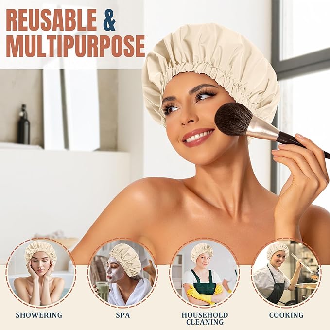 Reusable Shower Cap for Women, Stylish Large Waterproof Shower Bonnet Washable Wide Elastic Band Hair Cap for Long Hair, Braids Bath Hat(Champagne)