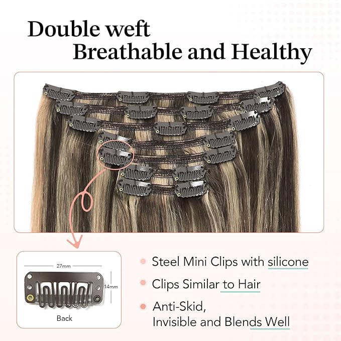 XDhair Clip in Hair Extensions Human Hair 160g 20 Inch 7pcs Chocolate Brown Mixed Caramel Blond Clip in Hair Extensions Real Human Hair for Full Head #4p27/20 inch