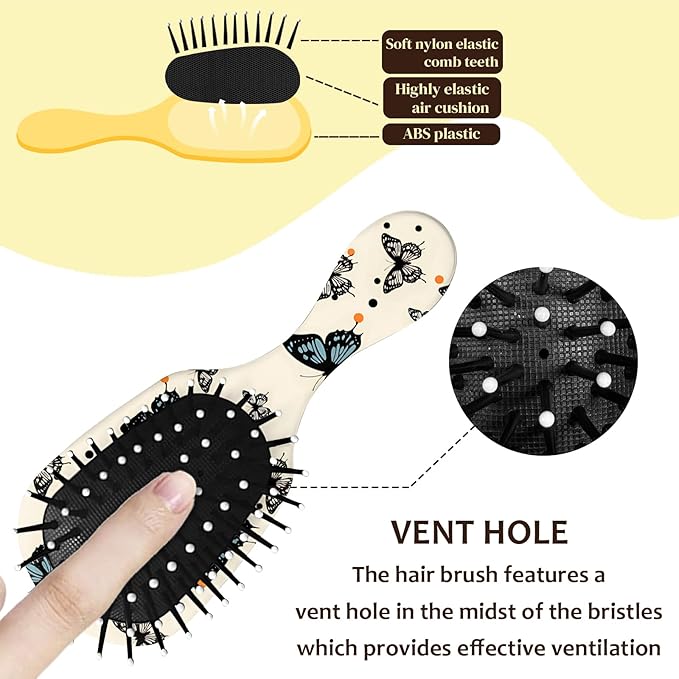 Mini Hair Brush,Cute Detangling Travel Hair Brush,Soft Bristles for Effortless Tangle Removal,Detangler Hairbrush for Women Men Boys Girls Kids Wet Dry All Hair Types (Black Butterfly, Mini)