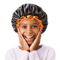 mikimini Small Black Shower Caps for Kids, Double Layers Waterproof Bathing Hair Cap with Reusable Soft Comfortable PEVA Lining, Cute, Non-fading & Stretchy Shower Hat Small Pack of 1, Black + Orange