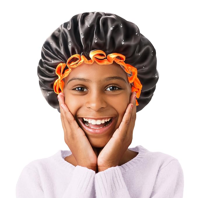 mikimini Small Black Shower Caps for Kids, Double Layers Waterproof Bathing Hair Cap with Reusable Soft Comfortable PEVA Lining, Cute, Non-fading & Stretchy Shower Hat Small Pack of 1, Black + Orange