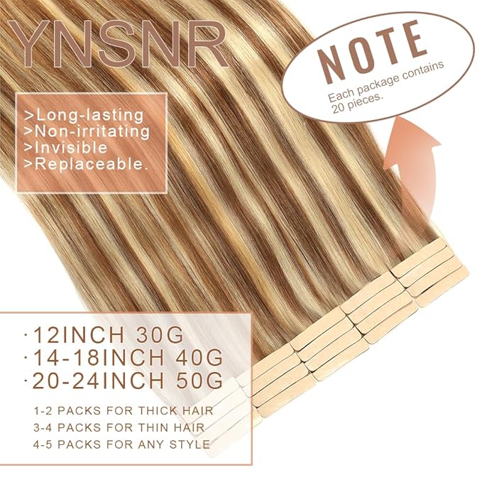 Tape in Hair Extensions Real Human Hair 24 Inch Chestnut Brown Highlighted Bleach Blonde Tape for Skin Weft Hair Extension Invisible Tape in Hair Extensions Straight Remy Human Hair for Women 20pcs