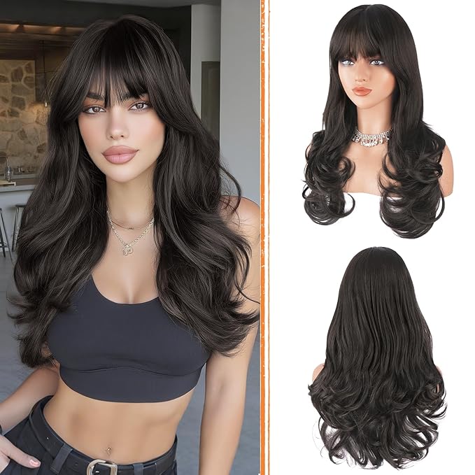 Haloo Brown Wigs with Bangs Long Wavy Layered Haircut Natural Looking Fluffy Synthetic Heat Resistant Hair Wig for Women Daily Party, 24 Inch Dark Brown