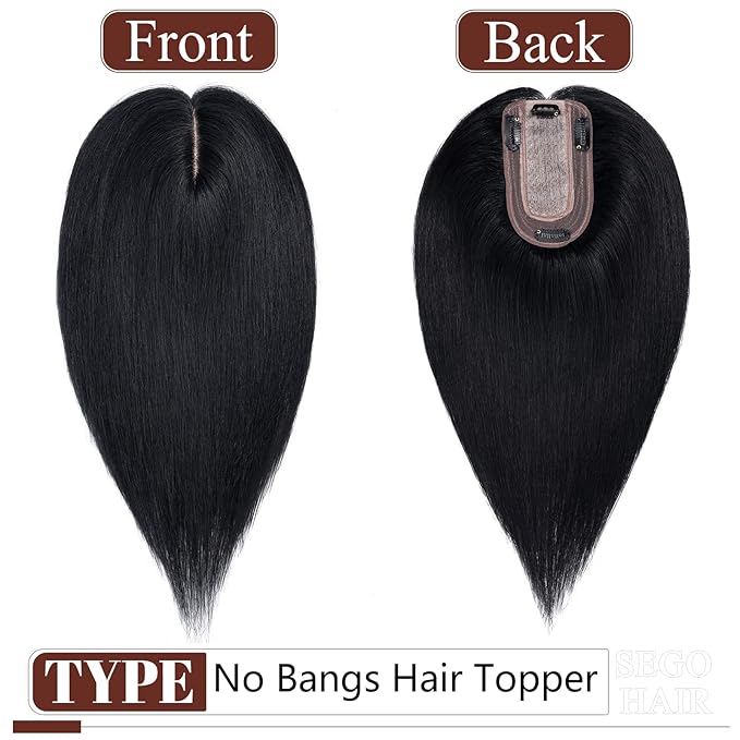 SEGO Real Human Hair Topper for Women, No Bangs Hair Topper with Anti-Slip Clips (18 Inches Jet Black)