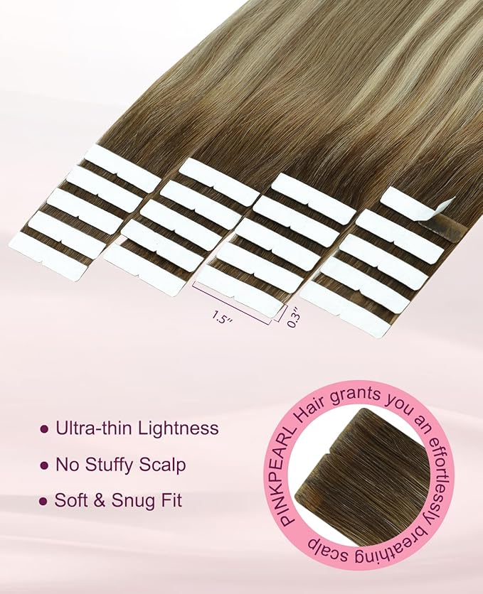 Pinkpearl Invisible Tape in Hair Extensions Human Hair, 20pcs 18inch 50g #3/8/22 Balayage Walnut Brown to Ash Brown and Golden Blonde Injection Tape in Extensions Real Remy Human Hair Injected