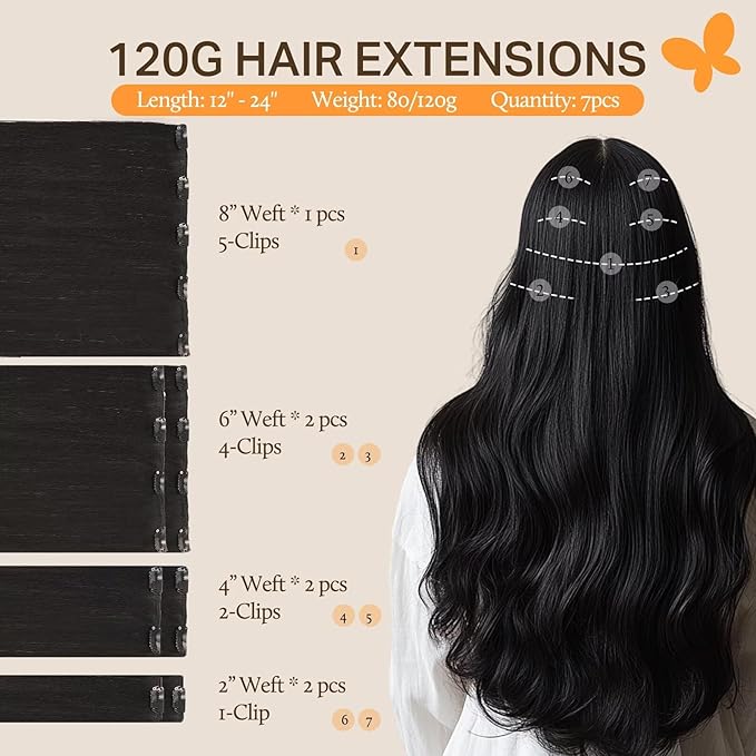 DOORES Human Hair Extensions Clip in Natural Black 120g 7pcs 18 Inch Remy Clip in Hair Extensions Natural Straight Thick Hair