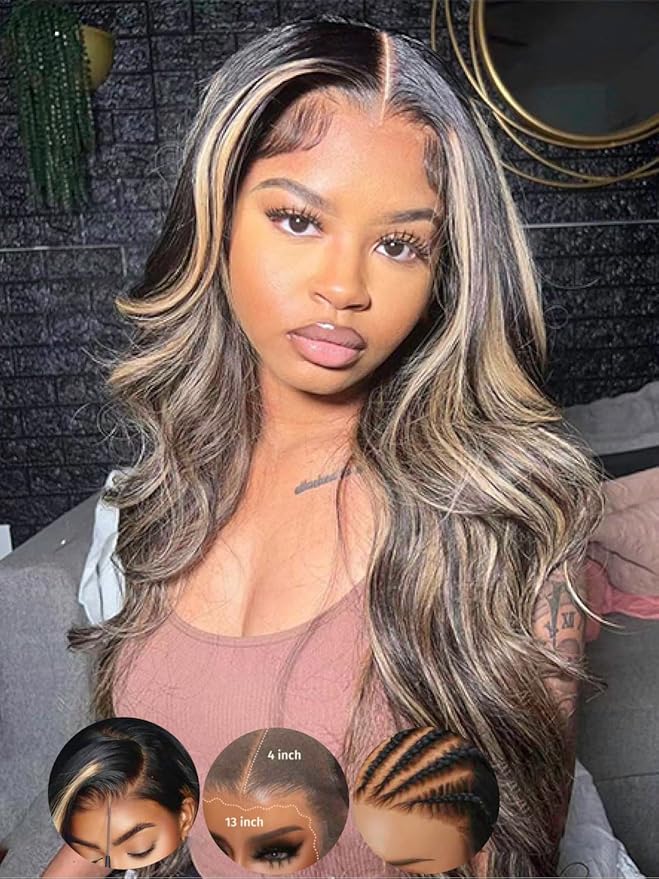 KLAIYI Bye Bye Knots Glueless Wig Human Hair 13x4 Balayage Highlight 3D Body Wave Precut Lace Front Wig with Baby Hair Black Mix Blonde Brown Pre Plucked Pre Bleached Knots Wig 30S Easy to Wear 22Inch