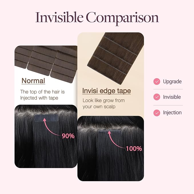 GOO GOO Invisi Edge Wide Tape in Hair Extensions,4A Chocolate Brown,4pcs 18inch 20g, Remy Human Hair,Seamless Injected Tape, Natural Look