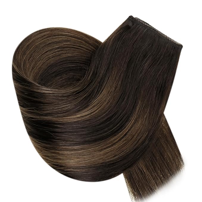 RUNATURE Wire Hair Extensions, Real Human Hair Extensions with Fish Line, Balayage Brown Roots Clip in One Piece Hair Extensions for Women, Straight Silky Natural Hair, 18 Inch 80g #2/2/6