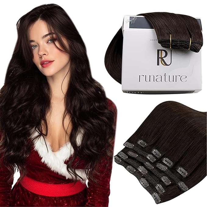 RUANTURE Dark Brown Clip in Hair Extensions Human Hair, Real Remy Hair Extensions, Human Hair Clip Ins, Double Weft Thick Hair, Tangle-free, Add Hair Volume,16 Inch 120g 7pcs #2 Darkest Brown