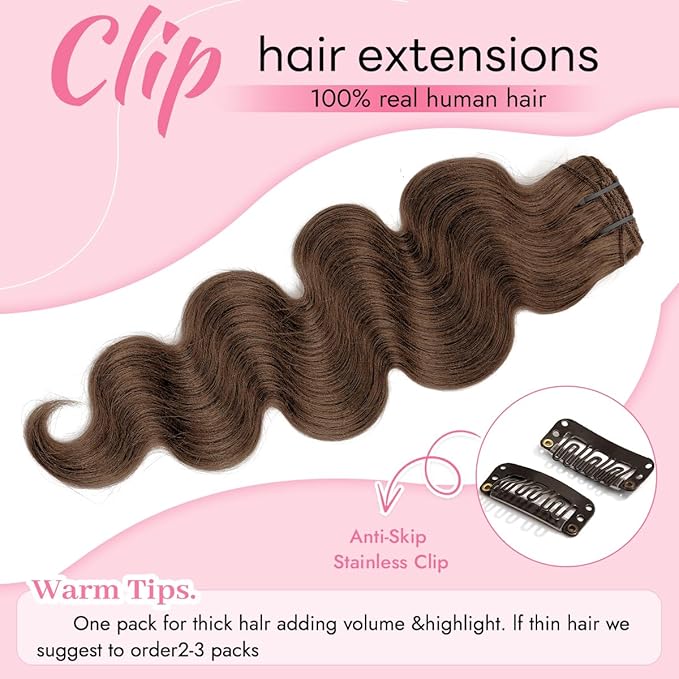 Clip in Hair Extensions Real Human Hair Body Wave 4 Chocolate Brown Clip in 100% Brazilian Remy Human Hair Extensions 8pcs Per Set with 18 Clips Double Weft 24 Inch 120g/3.6oz