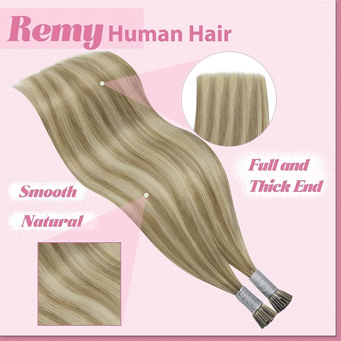 YoungSee Itip Hair Extensions Brown Highlight 20In Human Hair I Tip Extensions Light Brown Highlight Blonde Cold Fusion Hair Extension 50s 50g I-Tip Hair Extension Easy to Blend with Natural Hair