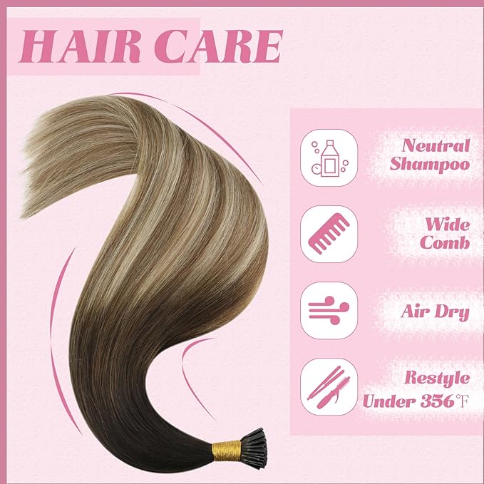 YoungSee Itip Hair Extensions Brown Balayage 24 Inch Keratin Itip Human Hair Extensions Ombre Dark Brown to Medium Brown with Blonde Itip Extensions Long Straight Hair 50g 50s