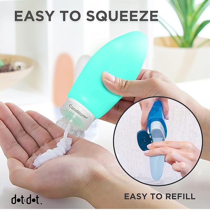 Dot&Dot Leak Proof Travel Bottles - TSA Approved 3oz Silicone Toiletries Travel Shampoo & Conditioner Containers with Labels