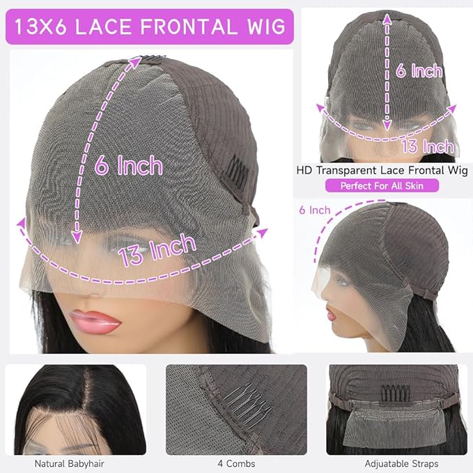 30 Inch 13x6 Lace Front Wigs Human Hair Full Real Virgin Hair 3X Longer Life Straight Wigs Human Hair 200% Density Soft Silky Smooth HD Lace Frontal Wig Tangle-Free Natural Black