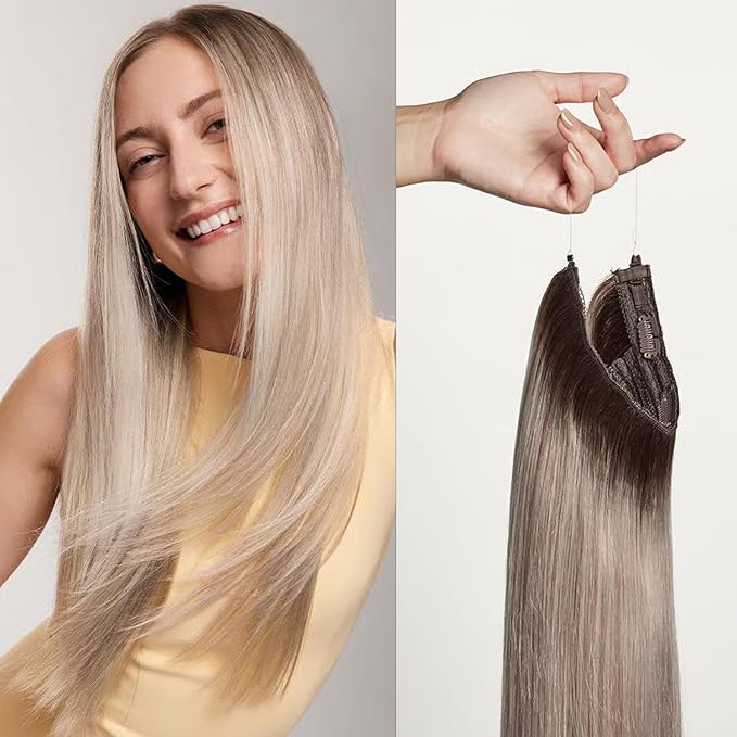 Luxy 100% Remy Human Hair – Halo Clip-In Hair Extensions –Natural Looking Volume & Length - One-Piece - Easy 5-Min Application 140 grams 16" Dimensional Rooted Ash Blonde
