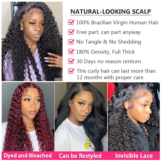 30 Inch Lace Front Wigs 180% Density Curly Wigs for Black Women 13x4 HD Transparent Lace Frontal Wigs Wet and Wavy Lace Front Wigs Pre Plucked with Natural Baby Hair