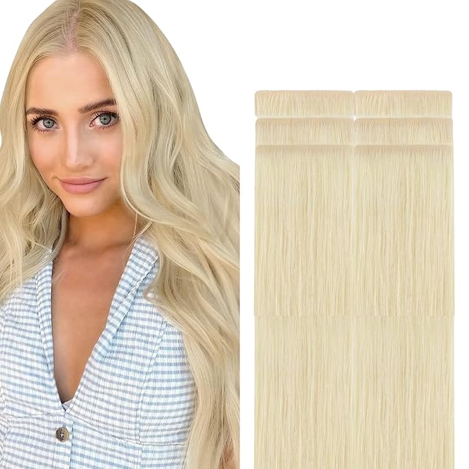 GOO GOO Invisi Edge Tape in Hair Extensions Human Hair, 60A Platinum Blonde, 6pcs 24inch 18g, Virgin Remy Hair, Seamless Injected Tape, Natural Look